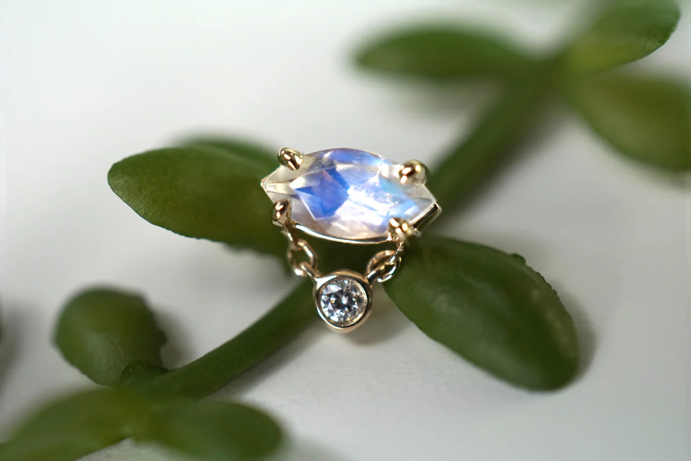 Faceted Marquise Moonstone With Bezel Diamond On a Chain Threadless Pin