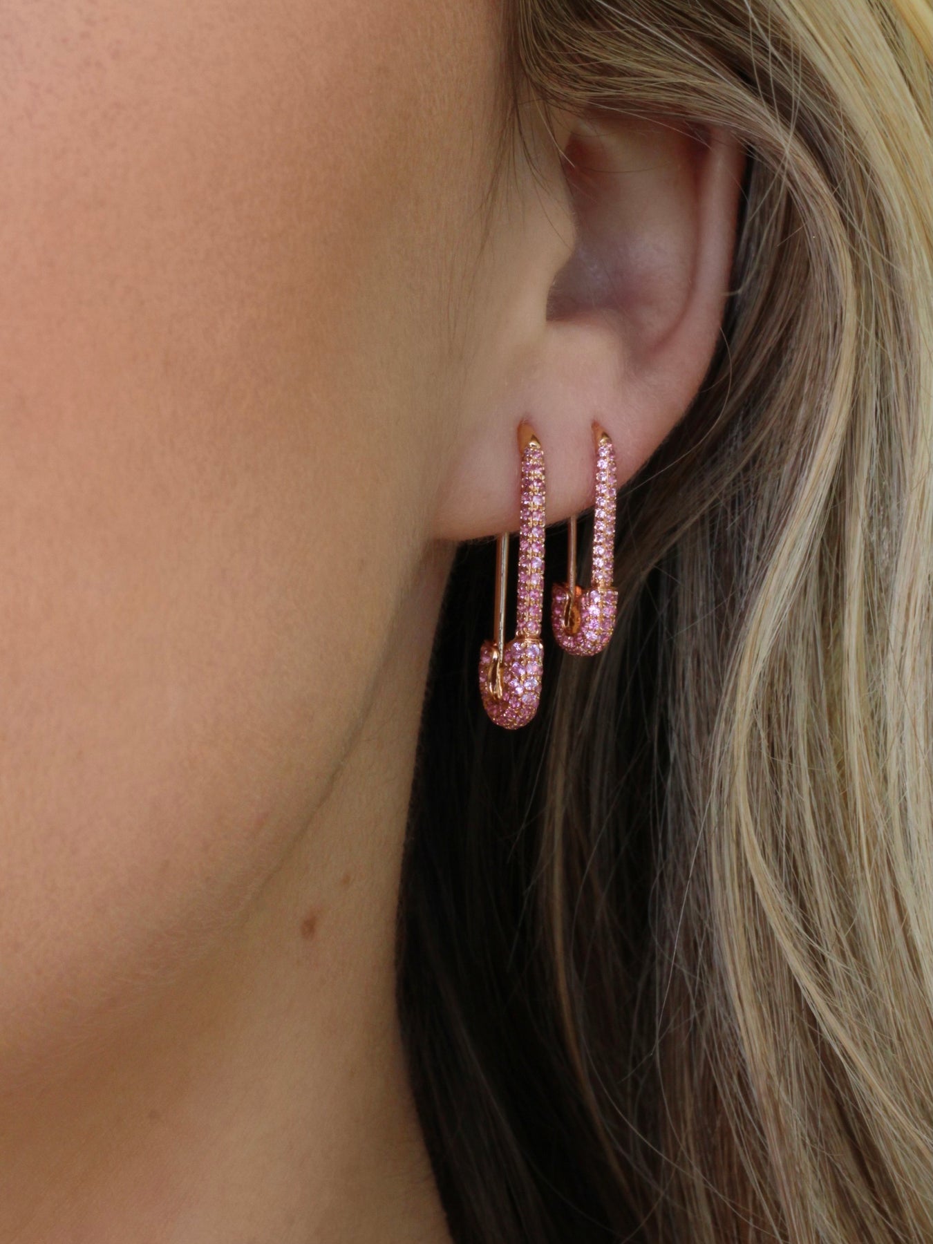 Pink Sapphire Safety Pin Earring