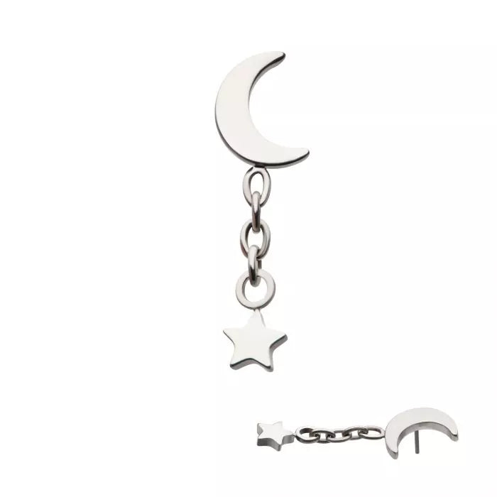 Crescent Moon with Dangle Star Titanium Threadless Pin