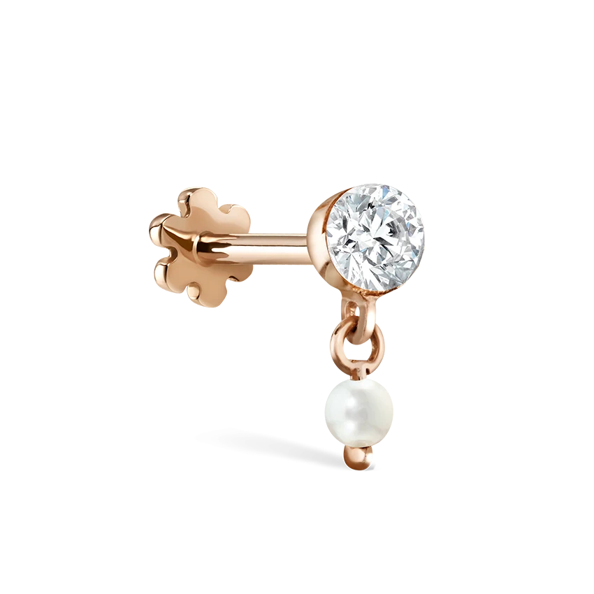 Invisible Set Diamond and Pearl Dangle Threaded Stud Earring